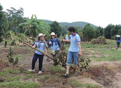 Students helping local people to clean up the roads and the field after flood