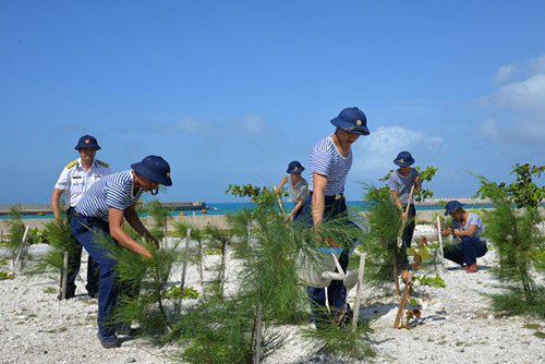 Bộ đội Trường Sa trồng cây xanh “Nhớ ơn Bác Hồ” khi mùa xuân đến.