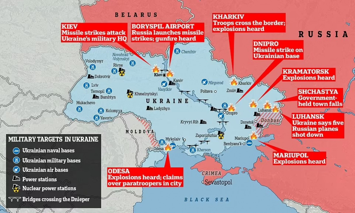 Quân đội Nga đồng loạt tiến công từ nhiều hướng vào nhiều vị trí trên lãnh thổ Ukraine, xuất phát từ biên giới Belarus và Nga. Đồ họa: Daily Mail.