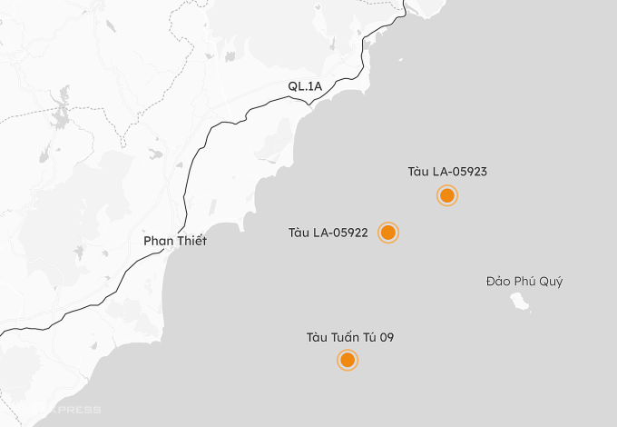 Vị trí ba tàu bị sóng đánh chìm ở khu vực biển Bình Thuận gần đây. Đồ hoạ: Khánh Hoàng