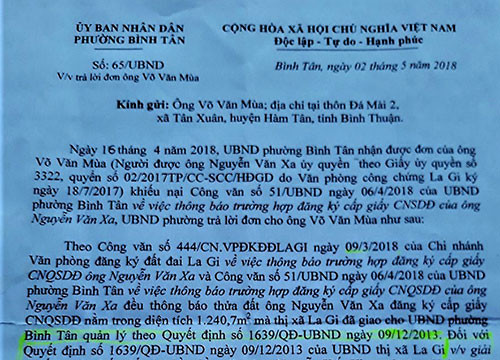 Vì sao UBND phường Bình Tân không giải quyết đơn khiếu nại của ông Xa?