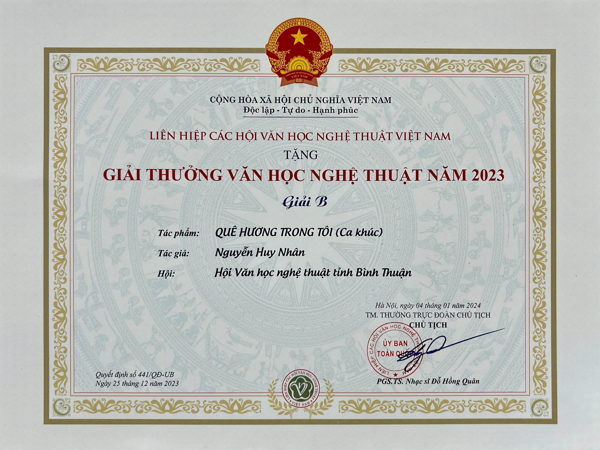 Nhạc sĩ Nguyễn Huy Nhân đoạt giải B Giải thưởng Văn học nghệ thuật năm 2023