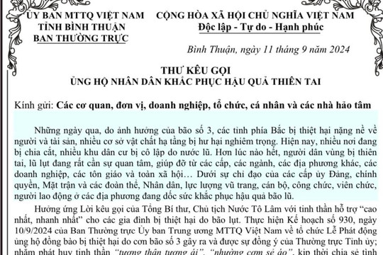 Ủy ban Mặt trận Tổ quốc Việt Nam tỉnh Bình Thuận kêu gọi ủng hộ đồng bào miền Bắc khắc phục hậu quả thiên tai