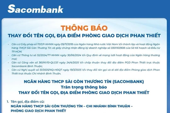 Ngân hàng TMCP Sài Gòn Thương Tín (Sacombank) thông báo thay đổi tên gọi, địa điểm phòng giao dịch Phan Thiết